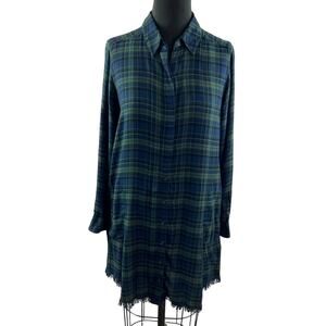 MICHAEL STARS Blue Plaid Button-Down Shirt Tunic Raw Edge Hem Long Sleeves Sz S